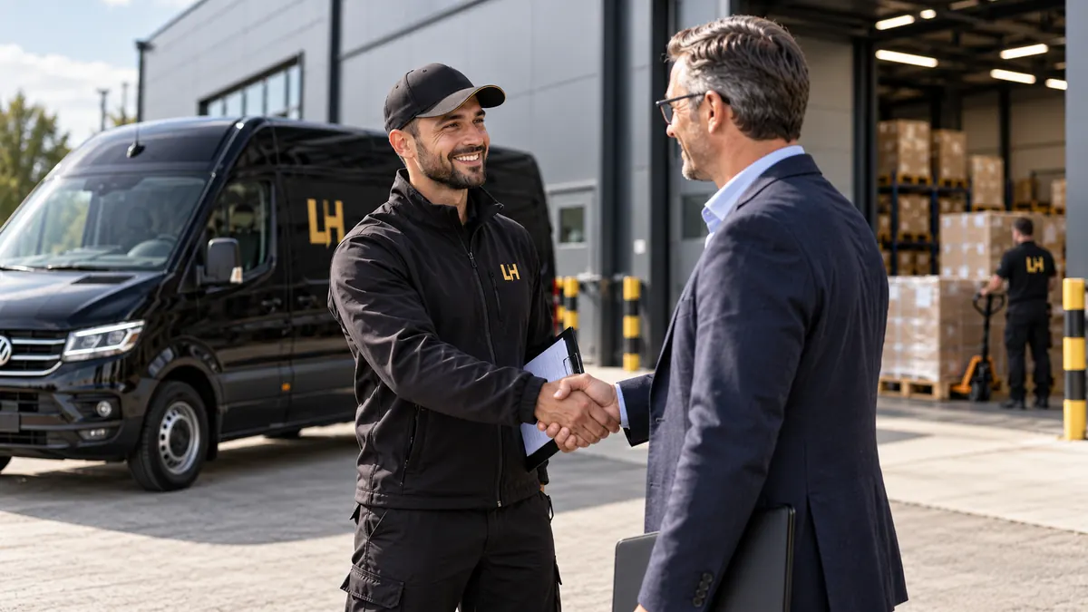 LH Kurier & Transport driver handing over to a business customer