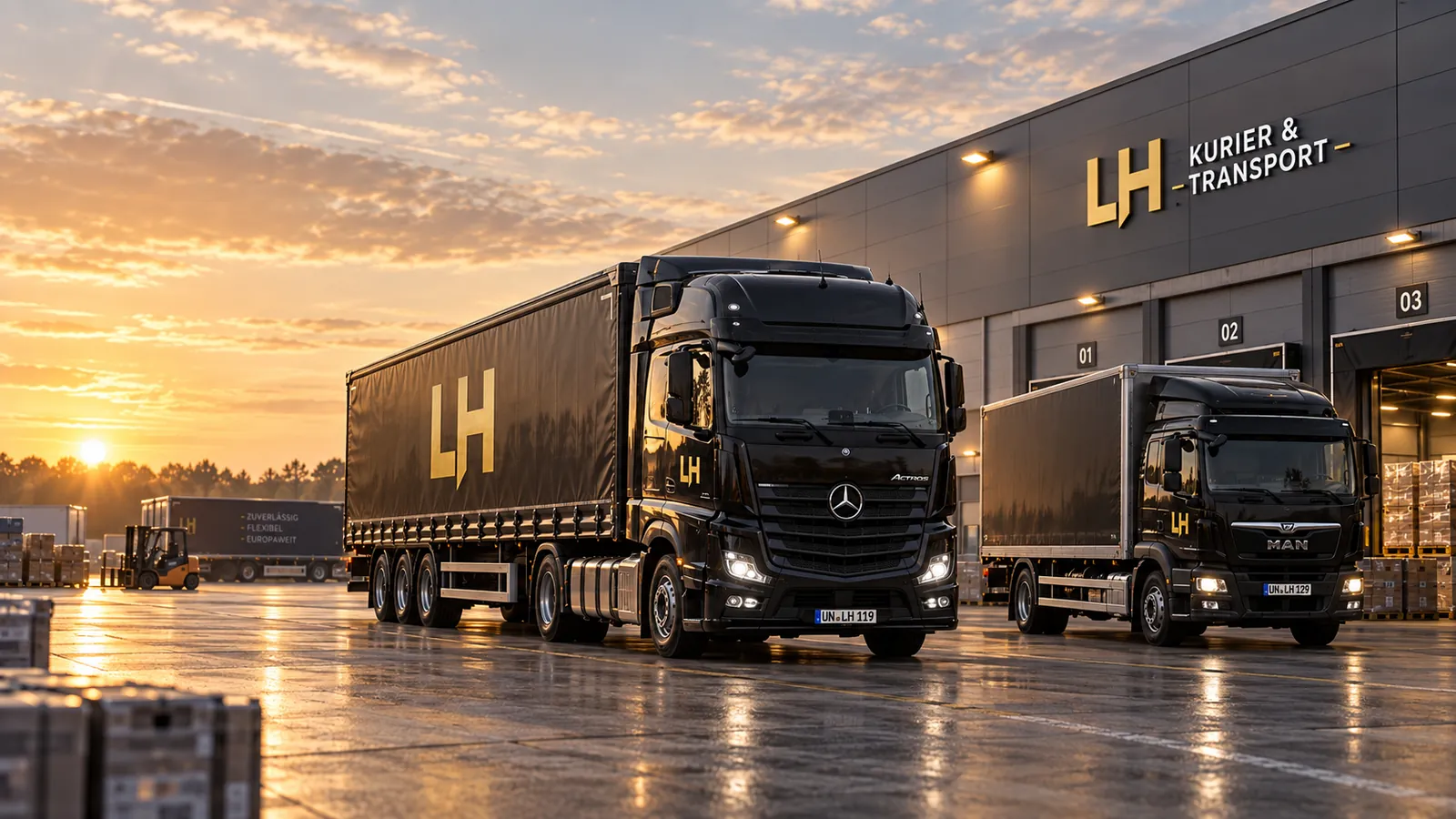 Black LH transport vehicles in front of a logistics centre